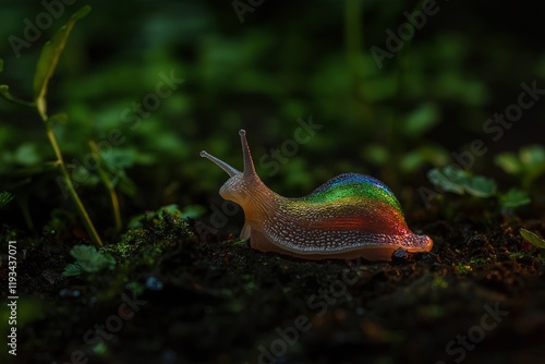 A tiny snail with a glittery shell shaped like a rainbow.  photo