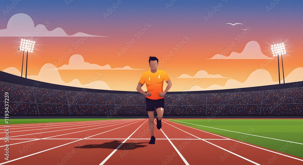Fototapeta premium Athlete running on track in stadium during sunset with dynamic lighting and modern sports illustration design
