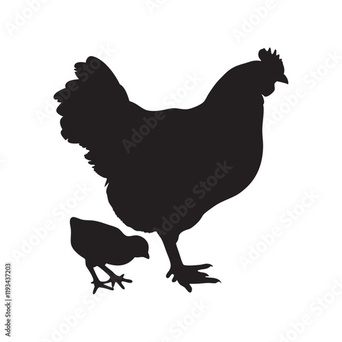
Mother hen with her chicks silhouette vector, happy mother hen walking with her cute little chicks.
