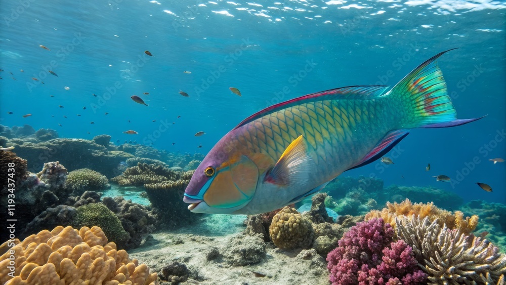 Fototapeta premium Underwater Parrotfish in Coral Reef Vibrant Colors, Sunlit Composition, Tropical Fish, Coral Ecosystem Underwater photography, Reef fish
