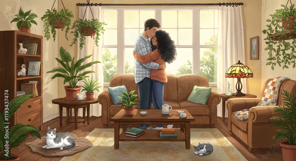 Couple embracing in cozy living room with plants and natural light in a warm and tranquil digital illustration design