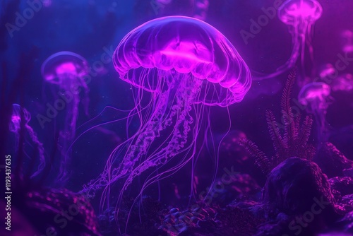 A vibrant jellyfish with glowing, flowing tentacles in a neon underwater world.