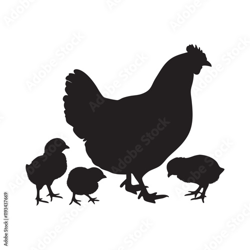 
Mother hen with her chicks silhouette vector, happy mother hen walking with her cute little chicks.
