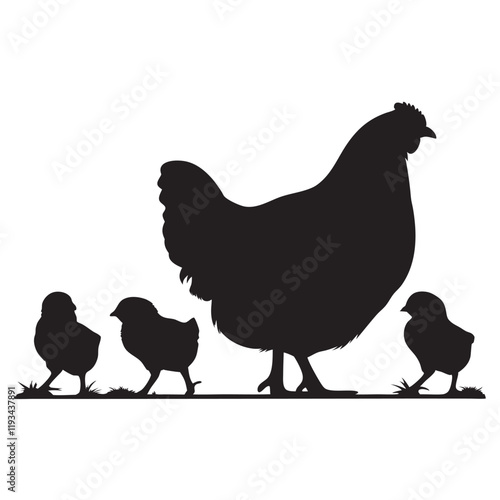 
Mother hen with her chicks silhouette vector, happy mother hen walking with her cute little chicks.

