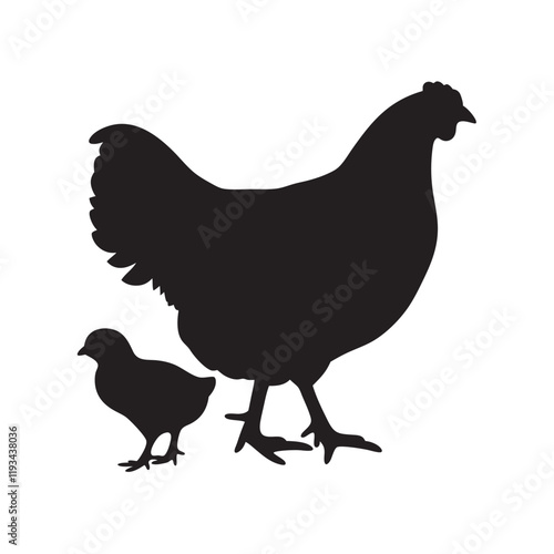 
Mother hen with her chicks silhouette vector, happy mother hen walking with her cute little chicks.
