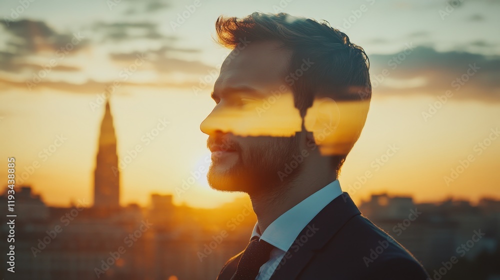 Confident young European businessman against a dawn city backdrop, exuding success and a bright future. Double exposure technique adds an ethereal touch to the image. Confident young European businessman against a dawn city backdrop, exuding success and a bright future. Double exposure technique adds an ethereal touch to the image.