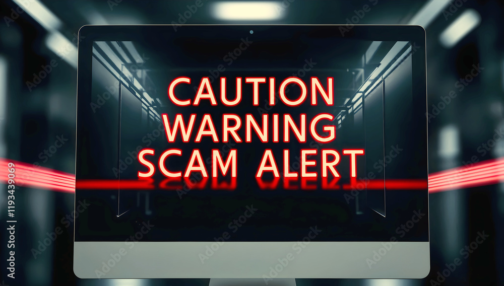 Red text warning data breach alert warning on computer monitor screen, scammers, display background