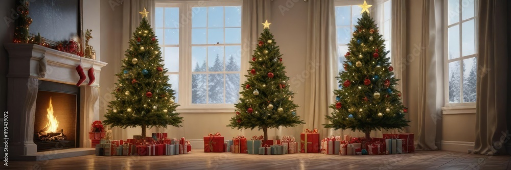 A tall Christmas tree with presents and a festive atmosphere, Christmas tree, winter A tall Christmas tree with presents and a festive atmosphere, Christmas tree, winter