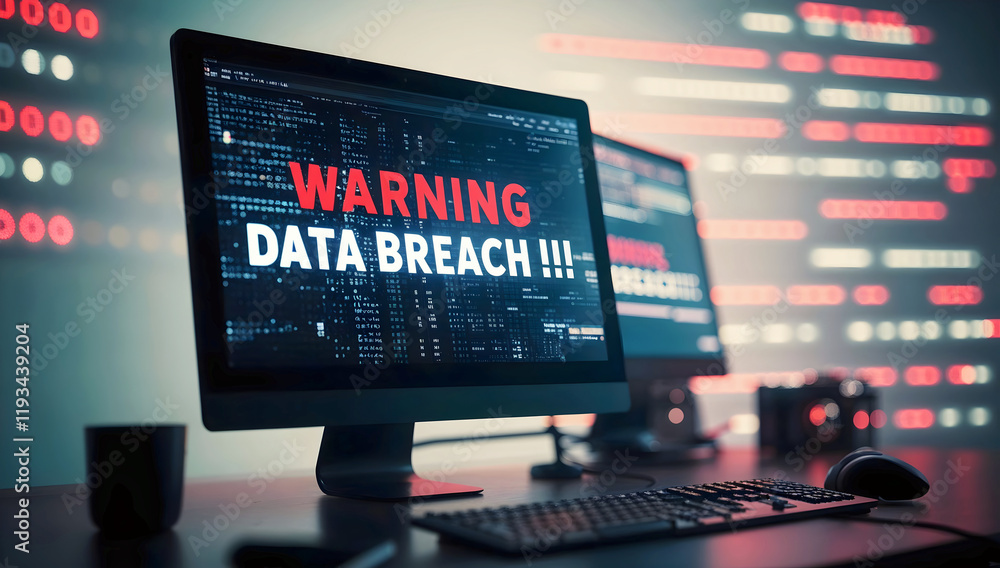 Red text warning data breach alert warning on computer monitor screen, scammers, display background