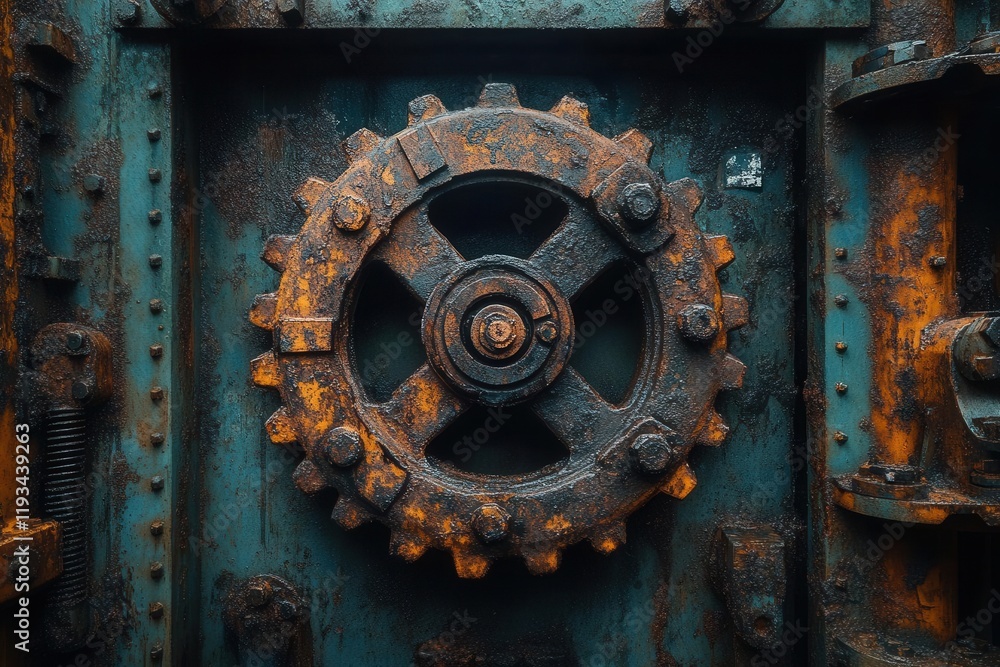 rusty gears and heavy machinery interlocking in a chaotic yet fascinating industrial landscape, symbolizing the machinery of fate, with a gritty atmosphere that emphasizes the weight of industry rusty gears and heavy machinery interlocking in a chaotic yet fascinating industrial landscape, symbolizing the machinery of fate, with a gritty atmosphere that emphasizes the weight of industry