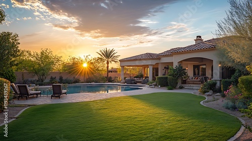 Sunset view of a luxurious house with pool and landscaping