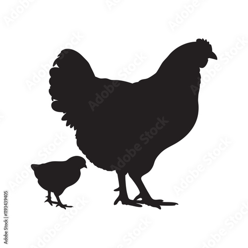 
Mother hen with her chicks silhouette vector, happy mother hen walking with her cute little chicks.
