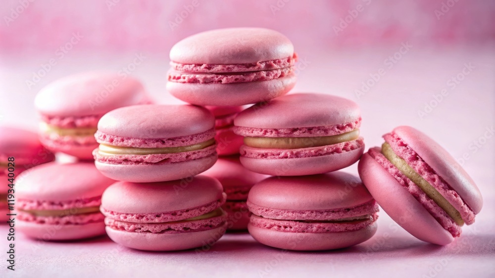 Fototapeta premium A delicate arrangement of pastel pink macarons, showcasing their smooth, glossy exterior and the creamy, subtly sweet filling nestled between the layers.
