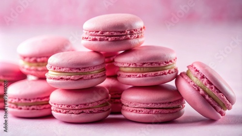 A delicate arrangement of pastel pink macarons, showcasing their smooth, glossy exterior and the creamy, subtly sweet filling nestled between the layers.