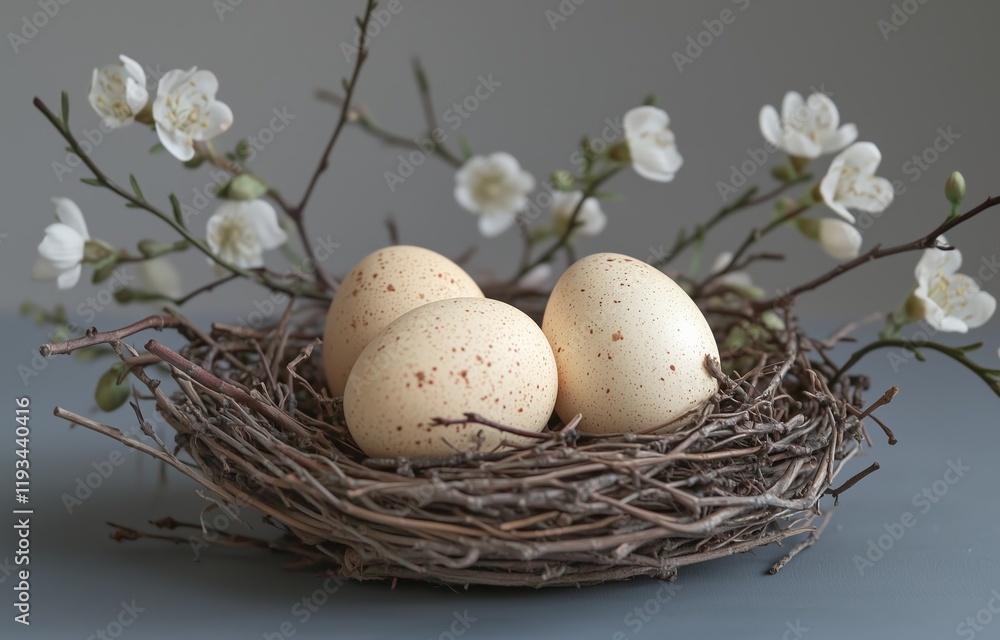Obraz premium Nest with speckled eggs surrounded by delicate white flowers and branches