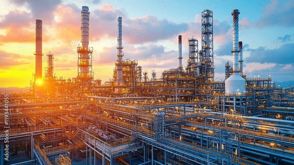 A wide-angle view of an oil refinery with towering smokestacks and large storage tanks, surrounded by industrial pipelines and machinery, showcasing the scale and complexity of the operation. A wide-angle view of an oil refinery with towering smokestacks and large storage tanks, surrounded by industrial pipelines and machinery, showcasing the scale and complexity of the operation.