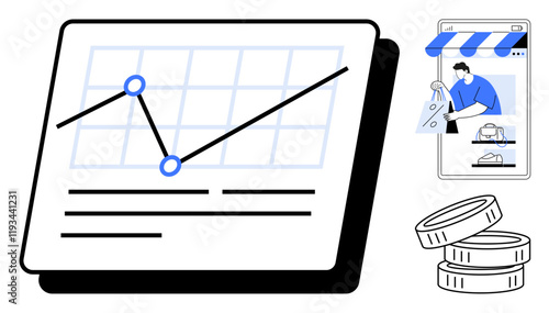 Line graph rising trend, person shopping online via smartphone, stack of coins. Ideal for finance, business, ecommerce, online shopping, economic growth profitability market analysis. Abstract line