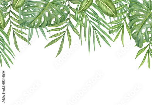 Watercolor green palm areca and monstera leaves horizontal border isolated background. Hand painted tropical foliage frame with empty space for text. Floral illustration greeting card, invitation.