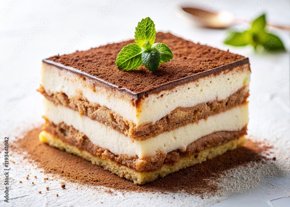 Elegant Tiramisu Cake Slice Close-Up: Creamy Cocoa Dessert Photography Elegant Tiramisu Cake Slice Close-Up: Creamy Cocoa Dessert Photography