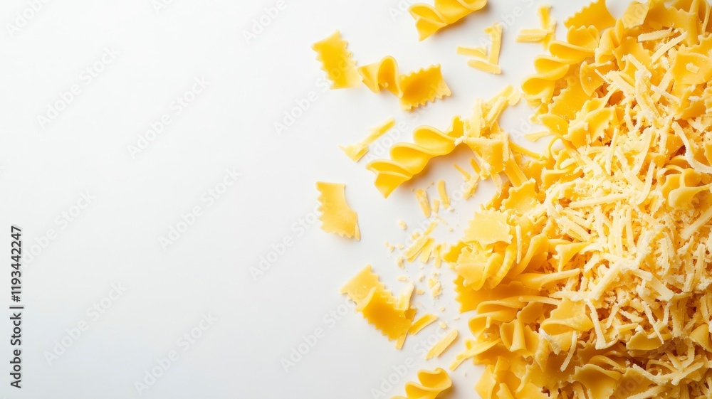 Obraz premium A vibrant assortment of uncooked pasta shapes scattered on a white surface, with a sprinkling of grated cheese nearby.