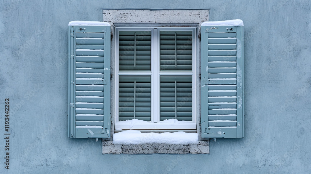 A window equipped with exterior storm shutters, closed tightly to shield against cold winds. A window equipped with exterior storm shutters, closed tightly to shield against cold winds.