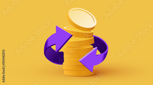 Stack of golden dollar coins with arrows. Cashback or profit concept.
