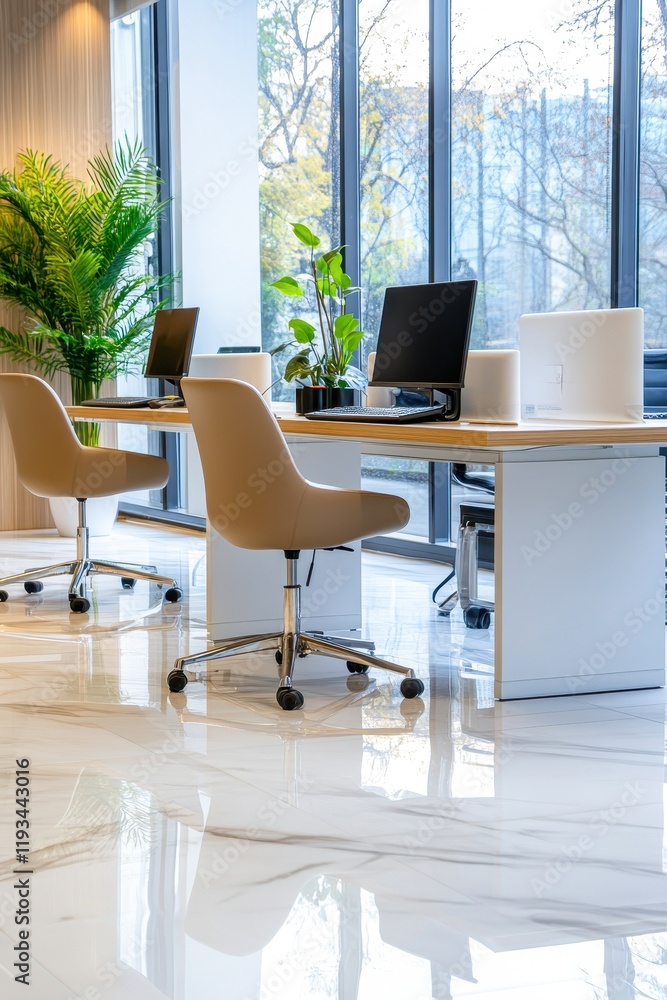 Modern office workspace featuring sleek desks, ergonomic chairs, and decorative plants, perfect for illustrating professionalism and productivity in corporate or remote work environments, Modern office workspace featuring sleek desks, ergonomic chairs, and decorative plants, perfect for illustrating professionalism and productivity in corporate or remote work environments,
