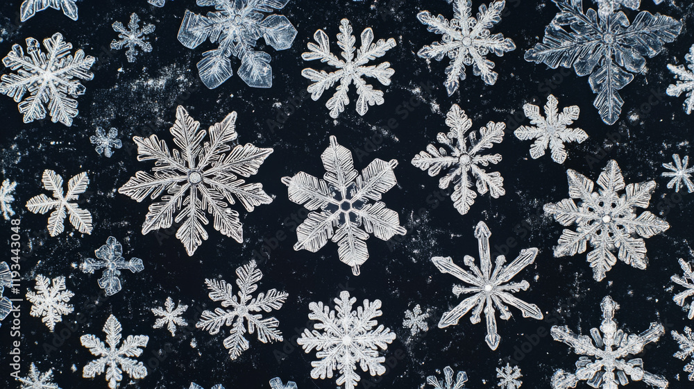 A close-up of delicate snowflakes on a dark background, showcasing their intricate and unique patterns.