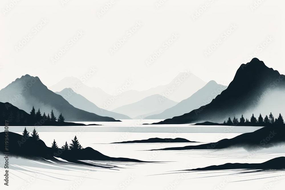 there is a black and white illustration of a mountain lake there is a black and white illustration of a mountain lake