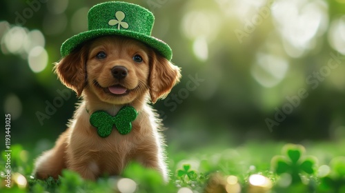 Happy puppy dog  in festive St Patrick's day green hat on green holiday background. Irlend and Irish traditional holiday. Banner, poster with copy space photo