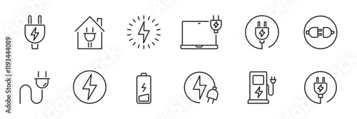Charging line icons set. Energy, Charge, Power, Electricity, Battery, Plug. Vector