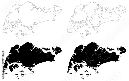 Photography Singapore map, Singapore outline and districts administration map set - illustra