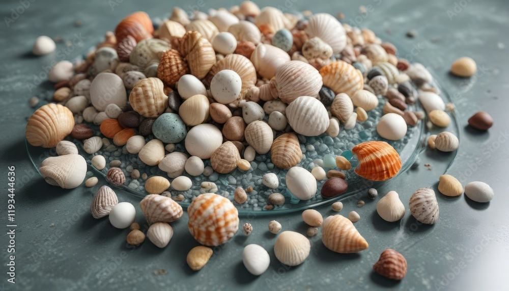 An artistic arrangement of seashells and pebbles on a glass table , beach, natural An artistic arrangement of seashells and pebbles on a glass table , beach, natural