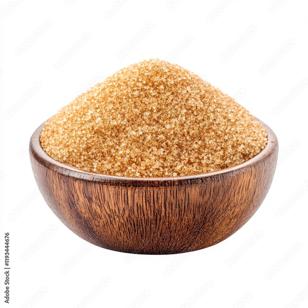 A close-up view of fine brown sugar piled in a wooden bowl, perfect for culinary and baking applications. A close-up view of fine brown sugar piled in a wooden bowl, perfect for culinary and baking applications.