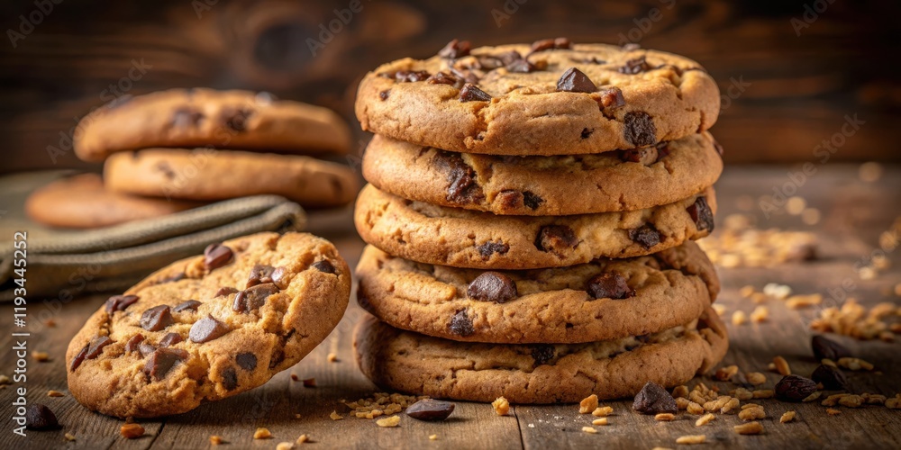 A stack of freshly baked chocolate chip cookies on a rustic wooden table with scattered crumbs