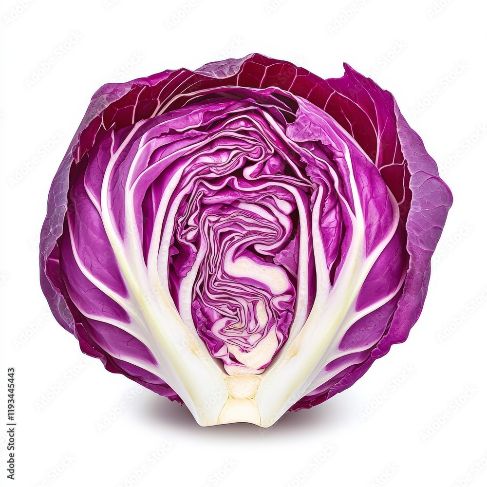 Obraz premium A stunning image of a vibrant purple cabbage cut in half showcasing its intricate layers and fresh texture, perfect for healthy cooking.
