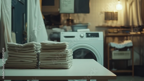 Stacks of white laundry on a table with a washing machine in background photo