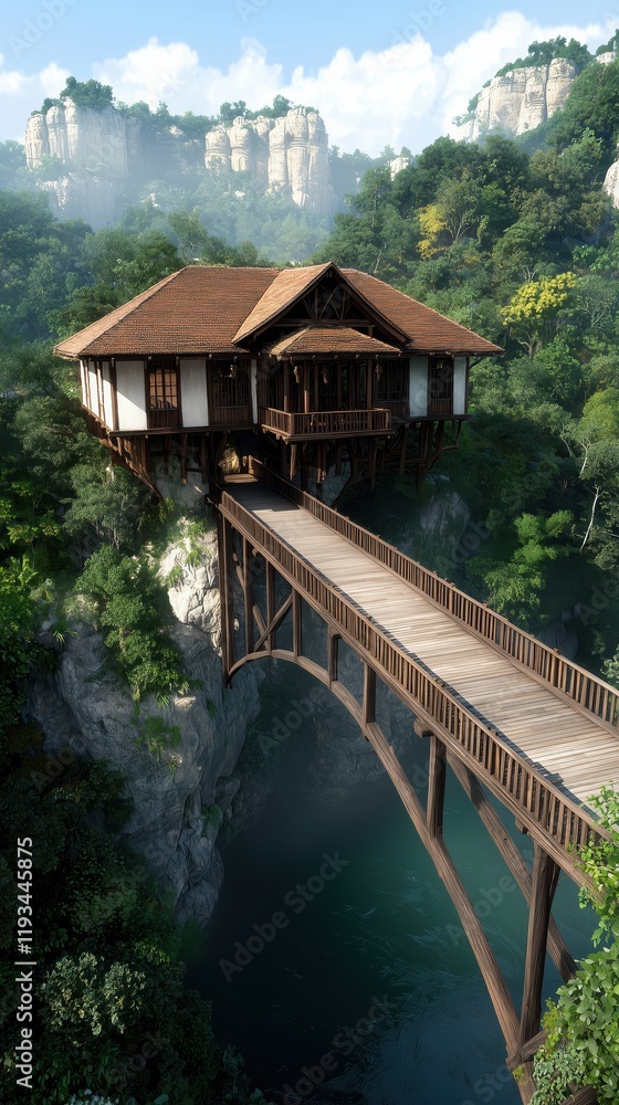 Fototapeta premium Explore stunning nature-inspired architecture with a charming wooden house on a cliff surrounded by lush greenery