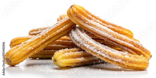 A close-up image of a group of crispy, golden-brown churros dusted with powdered sugar, arranged on a white surface, showcasing the texture and sweet appeal of this classic dessert.