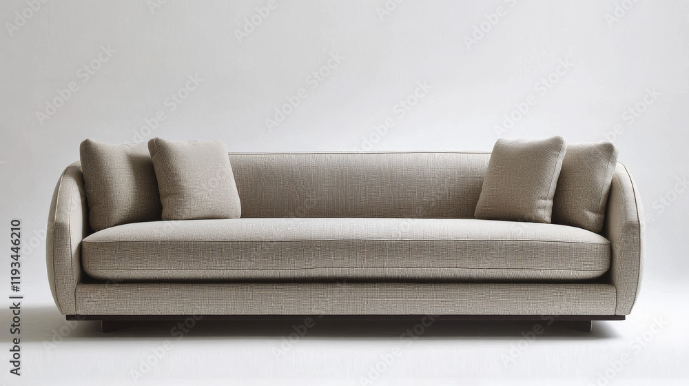 Fototapeta premium A sleek, modern sofa in neutral tones, placed against a clean white wall in a well-lit room. 