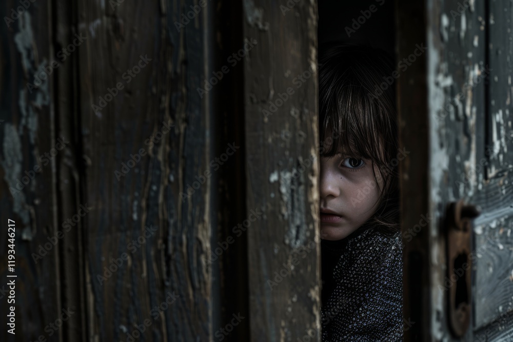 Fototapeta premium Curious child peering through old door