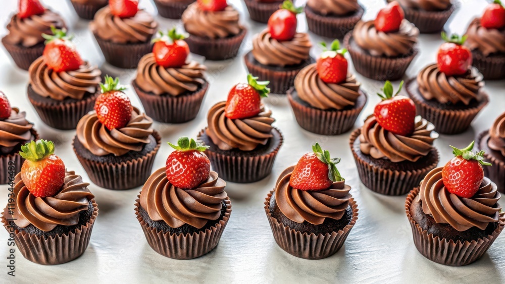 A Row of Delicious Chocolate Cupcakes Topped with Fresh Strawberries and Swirls of Chocolate Frosting A Row of Delicious Chocolate Cupcakes Topped with Fresh Strawberries and Swirls of Chocolate Frosting