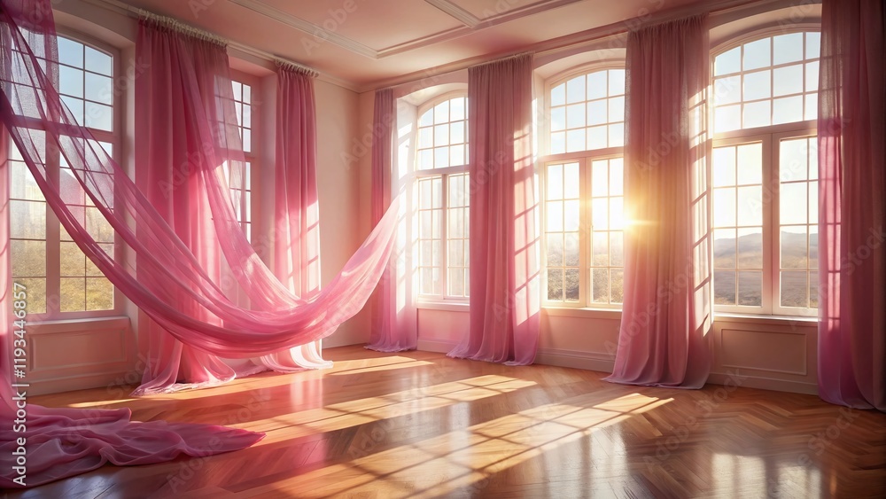 Fototapeta premium Empty Room, Pink Sheer Curtains, Sunlight, Window, Interior Design
