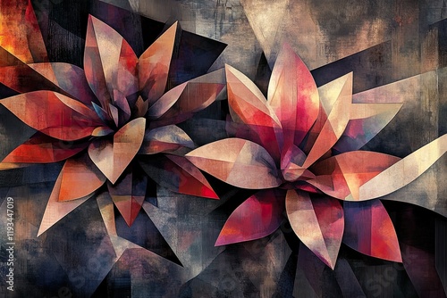 Abstract floral artwork with geometric shapes and vibrant colors. photo