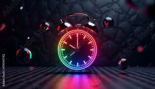 Retro alarm clock, neon face, rainbow LED frame, black background, floating spheres, metallic textures, futuristic design, game time, time is money, digital, modern, glowing, innovative, 3D render.