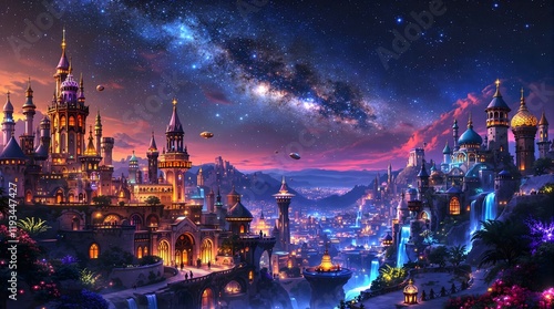 Fantasy city with cosmic sky at night