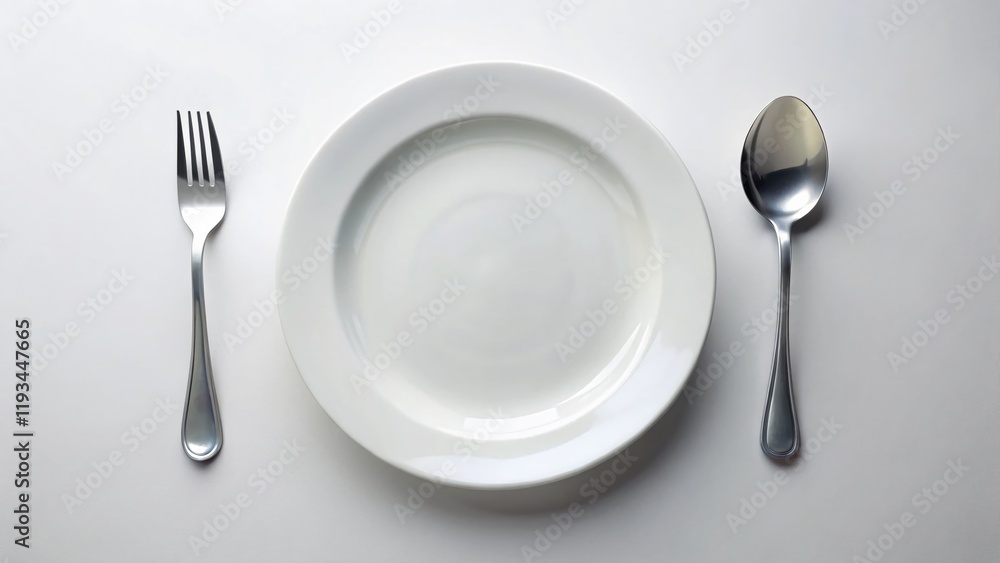 Empty White Plate, Spoon, Fork on White Background - Clean Minimalist Table Setting Stock Photo Empty White Plate, Spoon, Fork on White Background - Clean Minimalist Table Setting Stock Photo