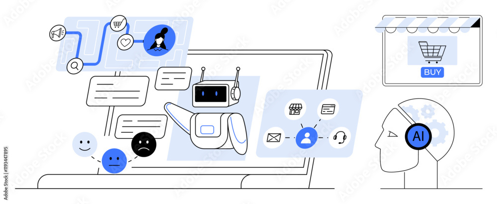 AI chatbot assisting customer on laptop screen with message bubbles, various icons, online shopping cart. Ideal for customer support, e-commerce, AI technology, communication, digital interaction AI chatbot assisting customer on laptop screen with message bubbles, various icons, online shopping cart. Ideal for customer support, e-commerce, AI technology, communication, digital interaction