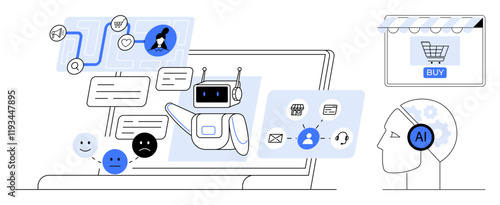 AI chatbot assisting customer on laptop screen with message bubbles, various icons, online shopping cart. Ideal for customer support, e-commerce, AI technology, communication, digital interaction