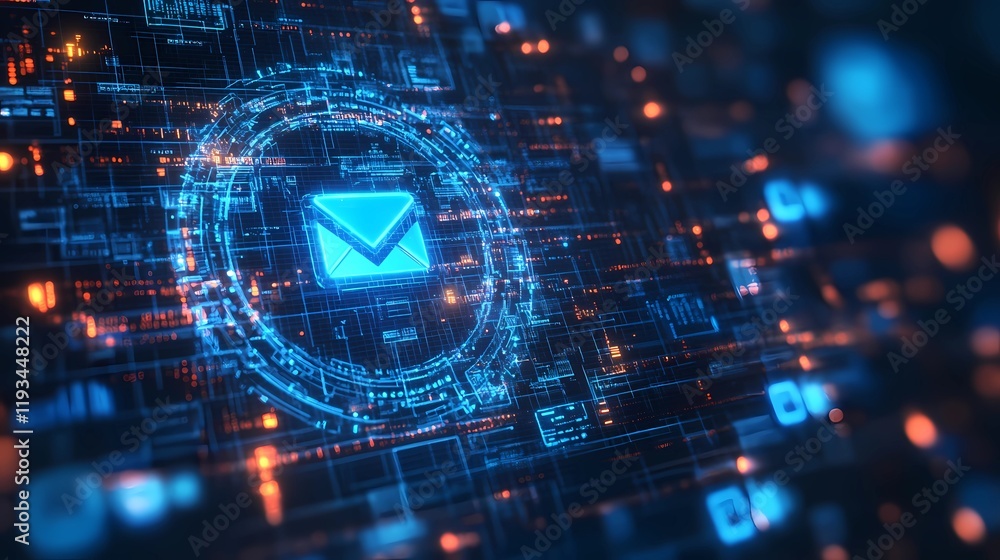 Fototapeta premium Digital lock on an email icon indicating privacy protection and secure data communication, cybersecurity concept, encrypted messaging, book illustration style